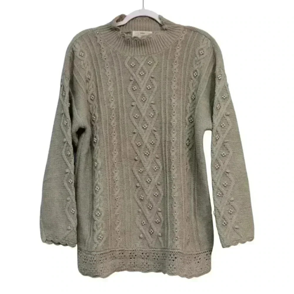 Vintage 90s Cable Knit Sweater Size Large Green Ramie Cotton Beaded Hand Knit